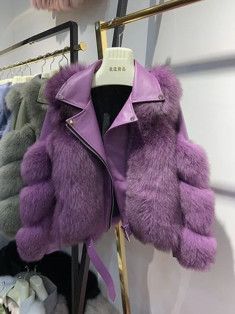 Women'a Authentic Fur & Genuine Leather Zip Up Jacket