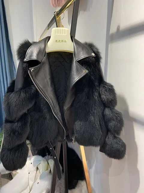 Women'a Authentic Fur & Genuine Leather Zip Up Jacket