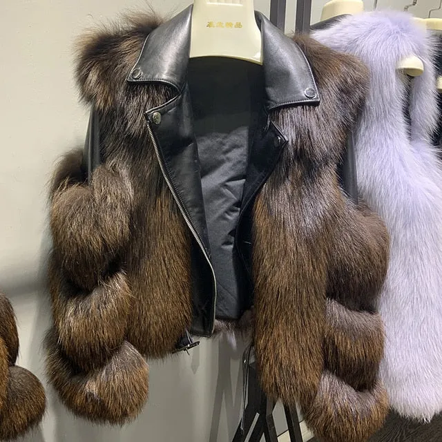 Women'a Authentic Fur & Genuine Leather Zip Up Jacket