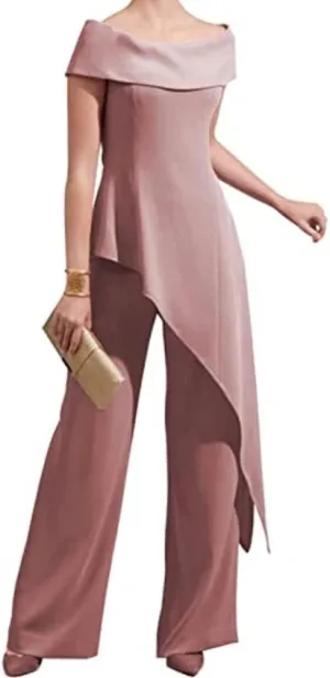 Womens 2 Pcs Pant Suits One-Shoulder Mother of The Bride Outfits Wedding Guest Evening Dresses