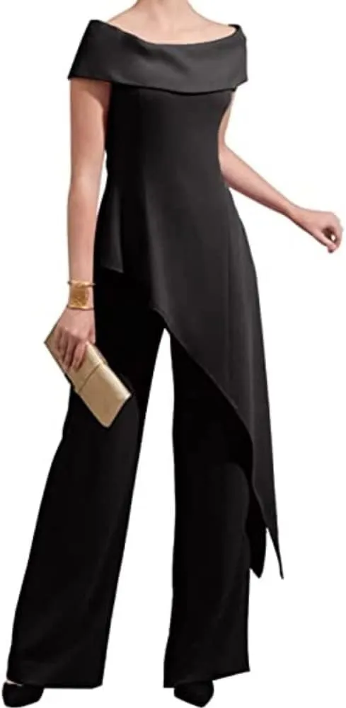 Womens 2 Pcs Pant Suits One-Shoulder Mother of The Bride Outfits Wedding Guest Evening Dresses