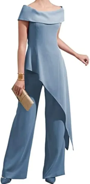 Womens 2 Pcs Pant Suits One-Shoulder Mother of The Bride Outfits Wedding Guest Evening Dresses