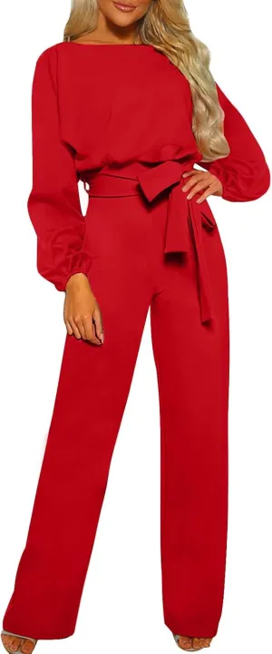 Womens 2024 Fall Jumpsuit Long Sleeve Belted Wide Leg Pant Romper Business Casual Dressy One Piece Outfits Red