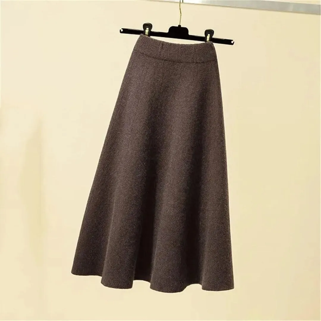 Women's Autumn Knitted Pleated Skirt Midi Elastic High Waist A-Line Sweater Skirt Winter Wool Long Mom Skirt
