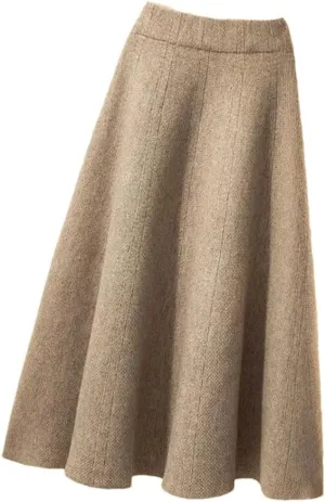Women's Autumn Knitted Pleated Skirt Midi Elastic High Waist A-Line Sweater Skirt Winter Wool Long Mom Skirt