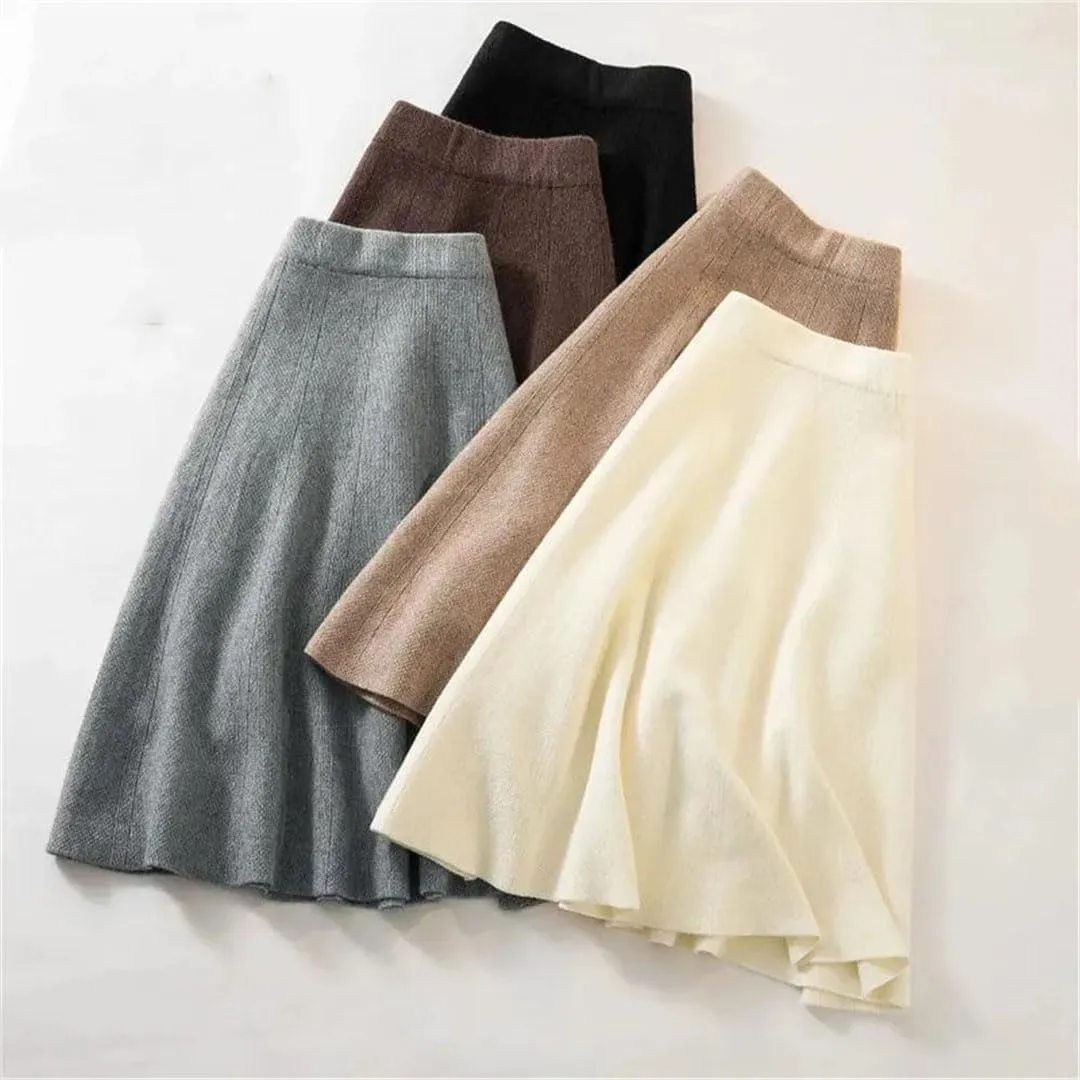 Women's Autumn Knitted Pleated Skirt Midi Elastic High Waist A-Line Sweater Skirt Winter Wool Long Mom Skirt