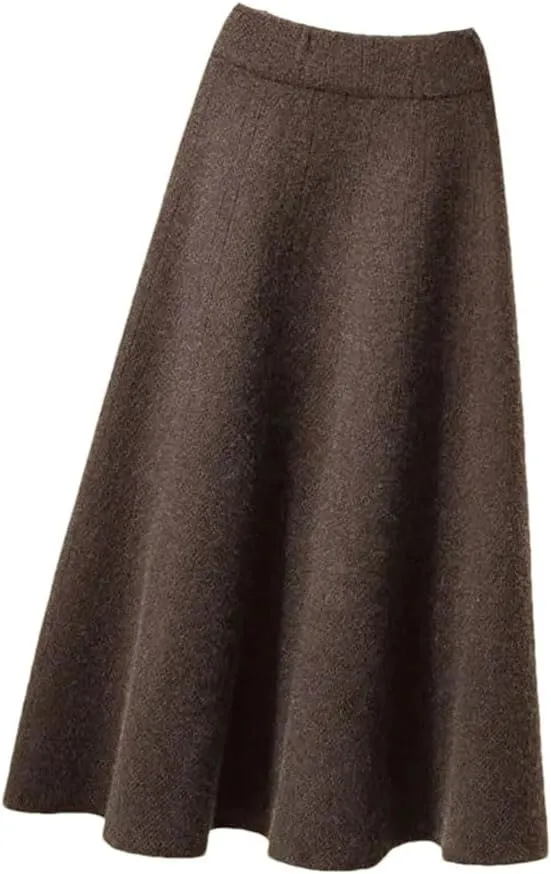 Women's Autumn Knitted Pleated Skirt Midi Elastic High Waist A-Line Sweater Skirt Winter Wool Long Mom Skirt