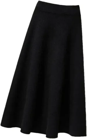 Women's Autumn Knitted Pleated Skirt Midi Elastic High Waist A-Line Sweater Skirt Winter Wool Long Mom Skirt