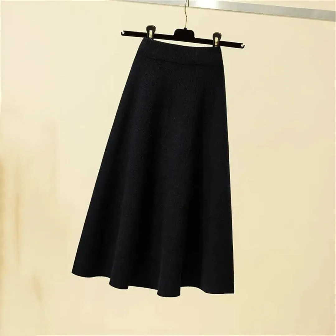 Women's Autumn Knitted Pleated Skirt Midi Elastic High Waist A-Line Sweater Skirt Winter Wool Long Mom Skirt