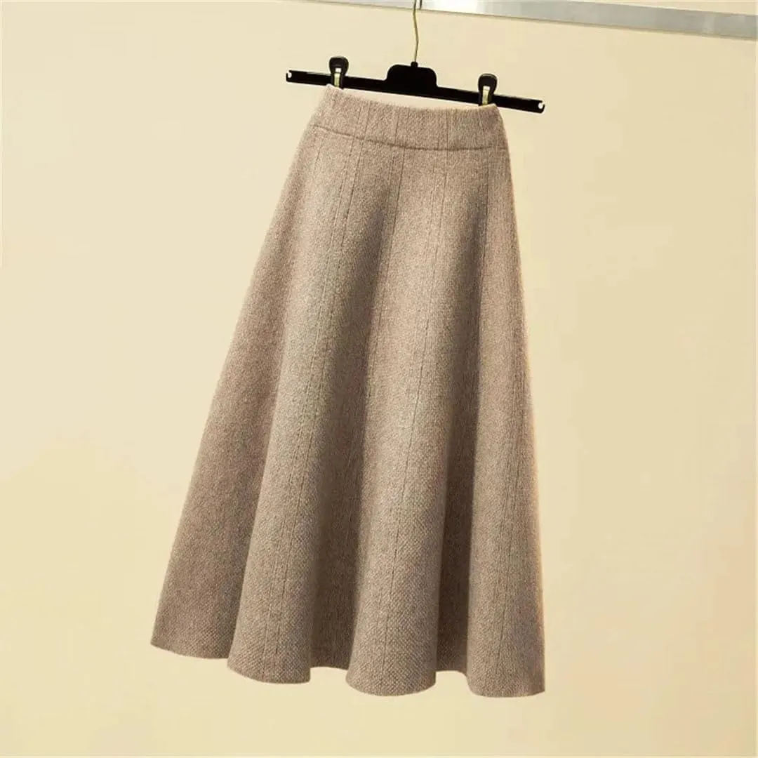 Women's Autumn Knitted Pleated Skirt Midi Elastic High Waist A-Line Sweater Skirt Winter Wool Long Mom Skirt