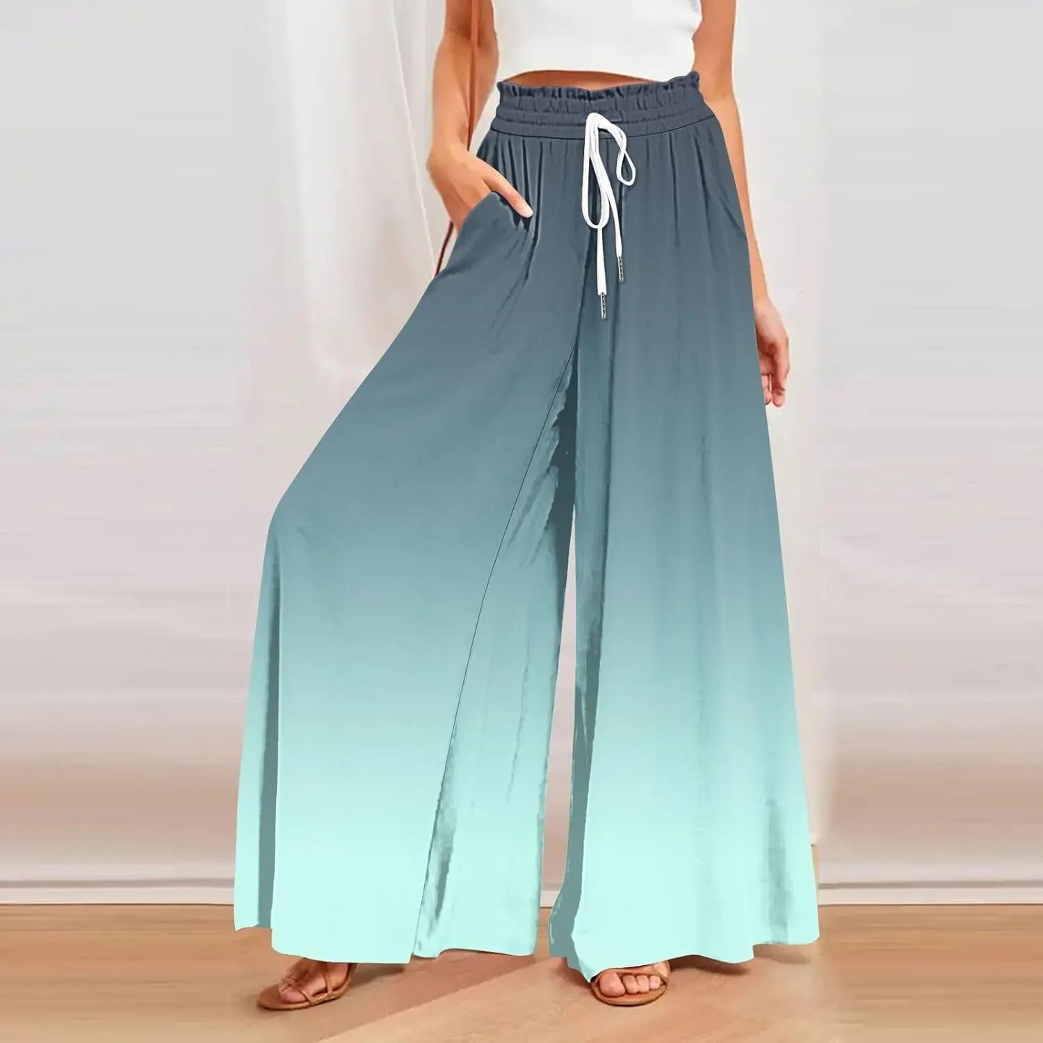 Women's Bohemian Gradient Color Elastic Casual High Waisted Wide Leg Dressy Loose Fit Pants with Pockets