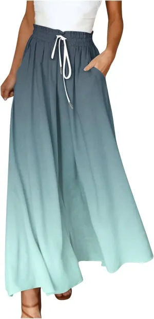 Women's Bohemian Gradient Color Elastic Casual High Waisted Wide Leg Dressy Loose Fit Pants with Pockets