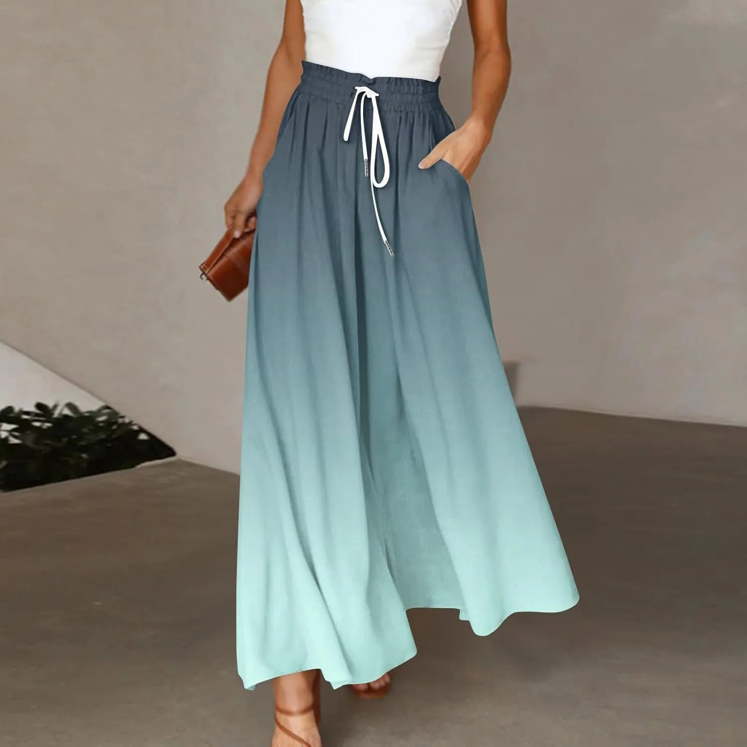 Women's Bohemian Gradient Color Elastic Casual High Waisted Wide Leg Dressy Loose Fit Pants with Pockets