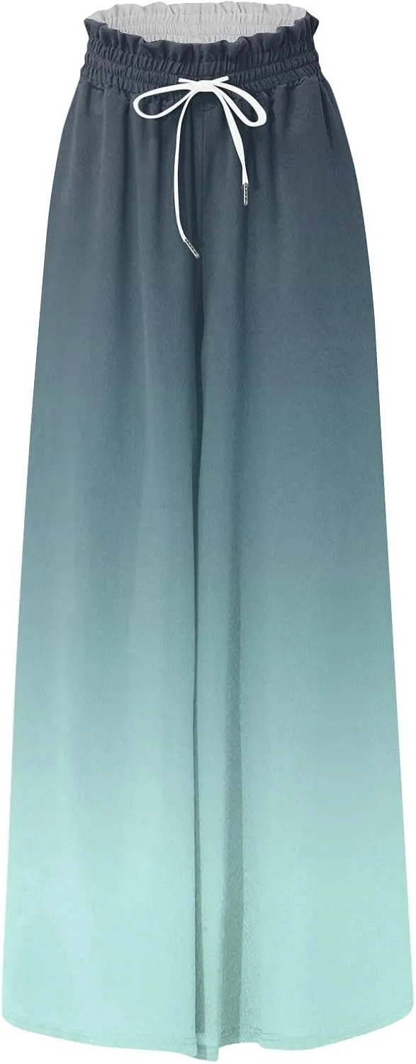 Women's Bohemian Gradient Color Elastic Casual High Waisted Wide Leg Dressy Loose Fit Pants with Pockets