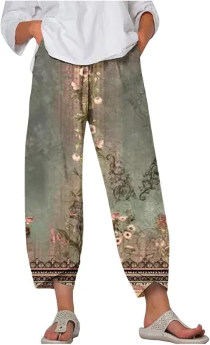 Women's Boho Summer Capris Floral Printed Beach Pants Ethnic Vintage Baggy Drawstring Cropped Pant Holiday Trousers, 4X-Large, A#01 Green