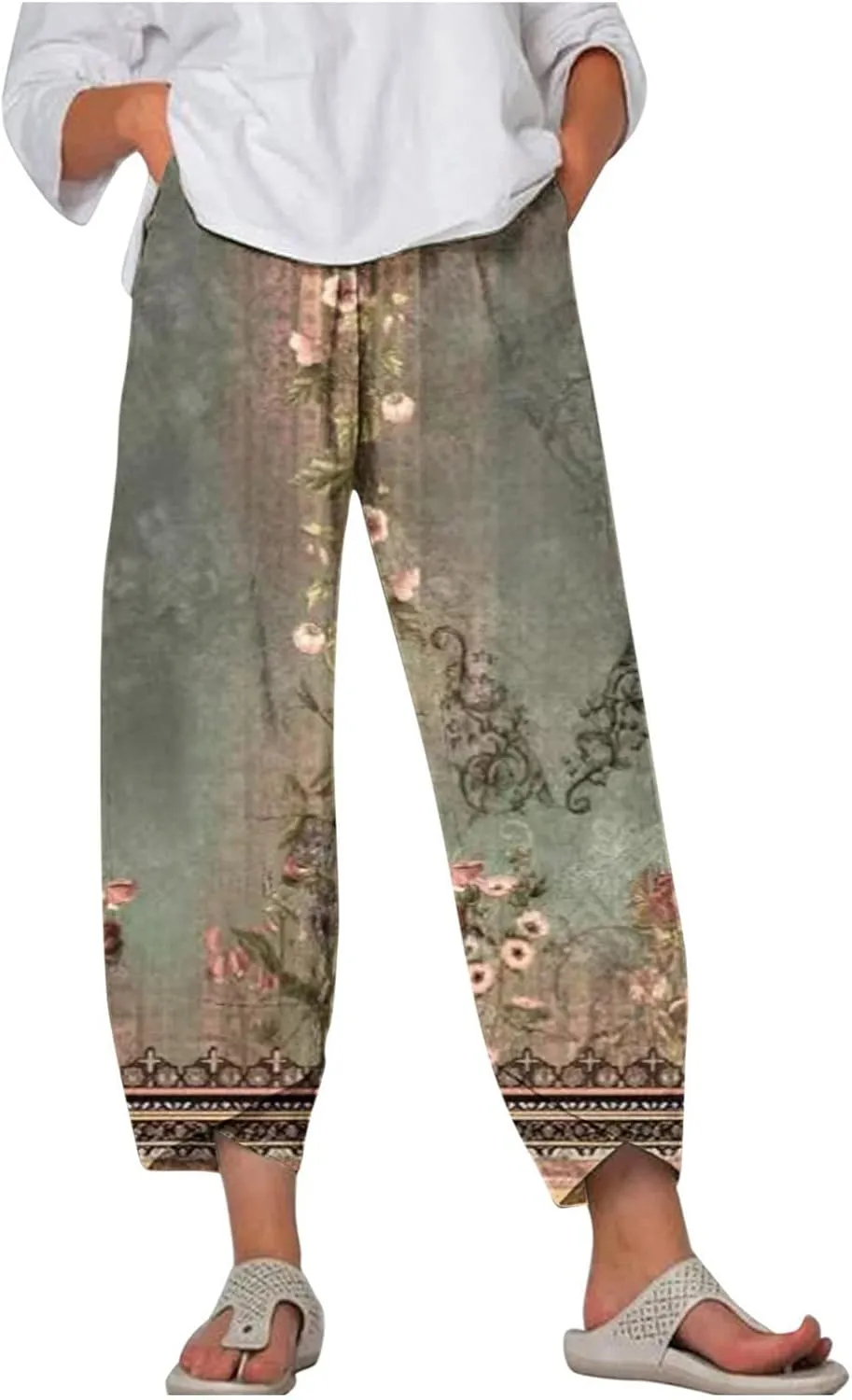 Women's Boho Summer Capris Floral Printed Beach Pants Ethnic Vintage Baggy Drawstring Cropped Pant Holiday Trousers, 4X-Large, A#01 Green