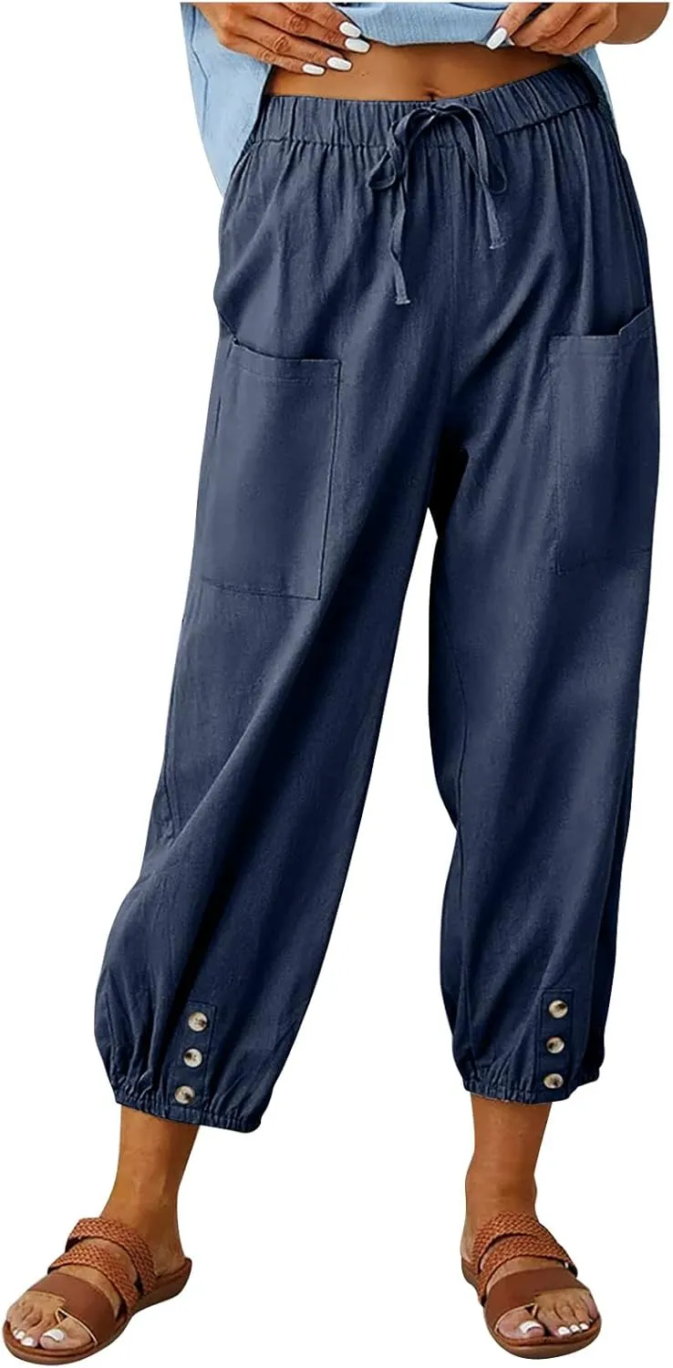 Women's Capri Pants High Waist Drawstring Cinch Bottom with Button Cotton Loose Casual Trouser with Pockets