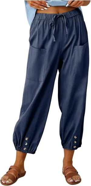 Women's Capri Pants High Waist Drawstring Cinch Bottom with Button Cotton Loose Casual Trouser with Pockets