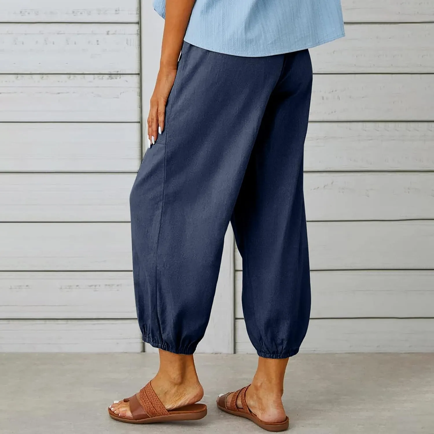 Women's Capri Pants High Waist Drawstring Cinch Bottom with Button Cotton Loose Casual Trouser with Pockets