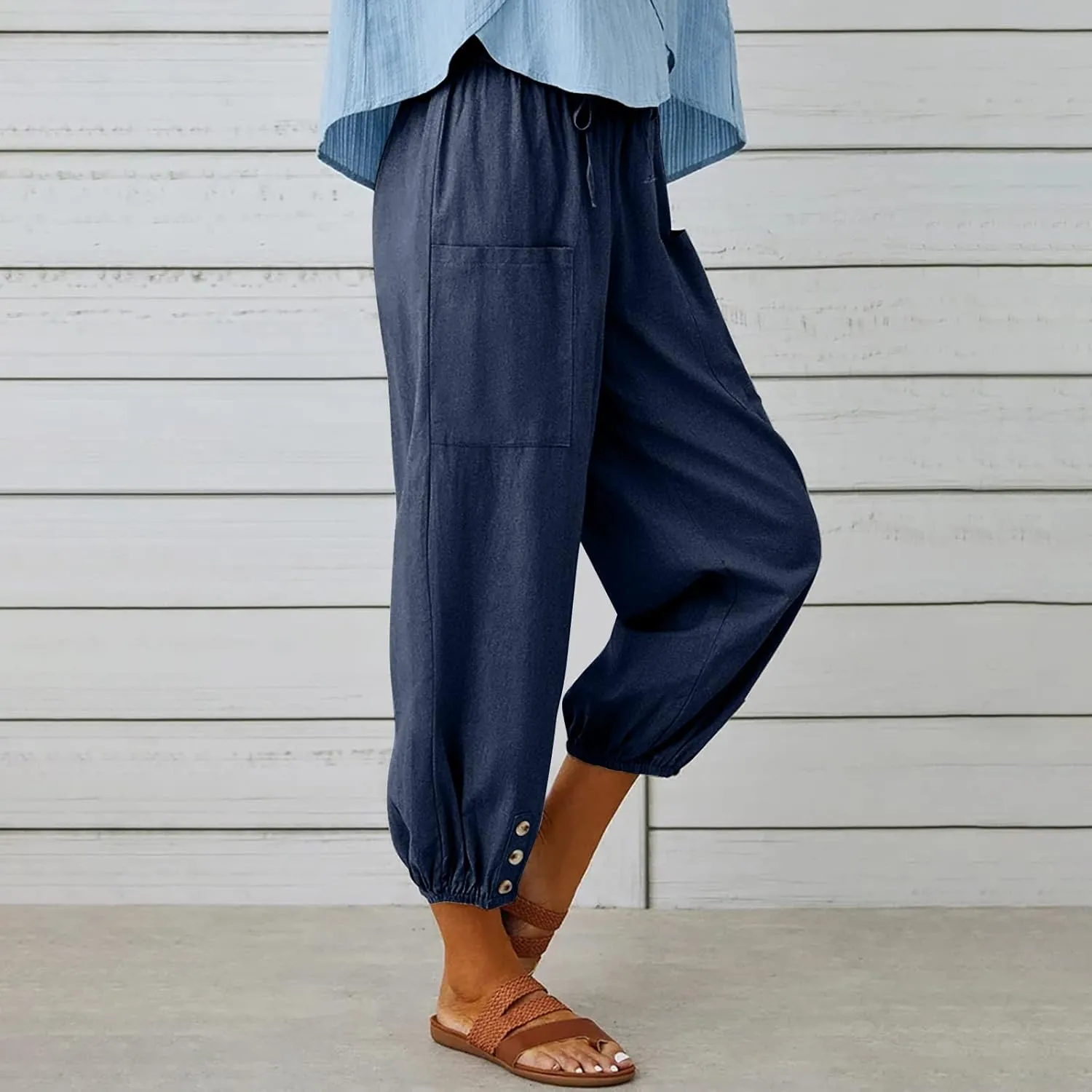 Women's Capri Pants High Waist Drawstring Cinch Bottom with Button Cotton Loose Casual Trouser with Pockets