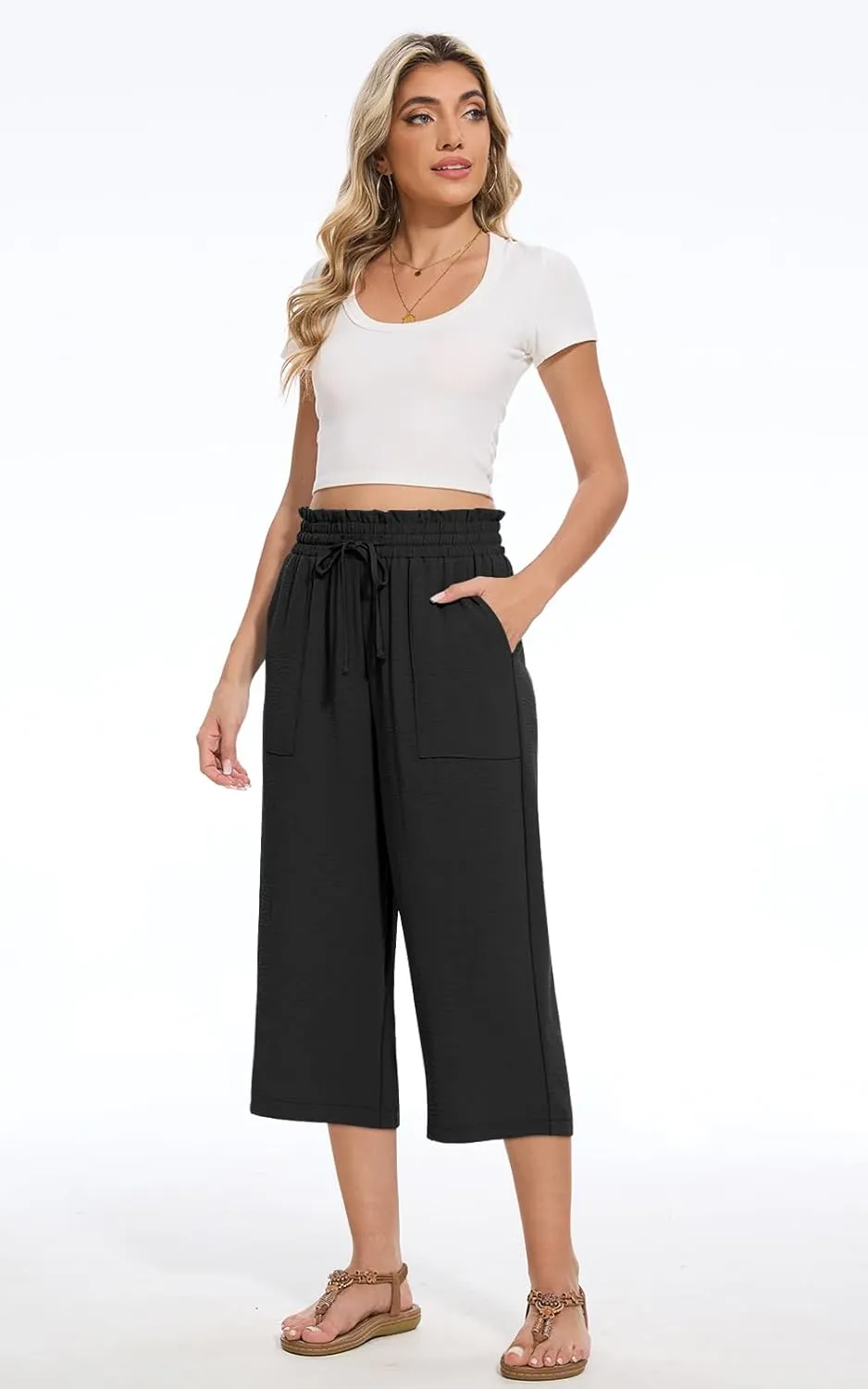 Womens Capri Pants Summer Wide Leg High Waisted Pants Drawstring Casual Trousers with Pockets