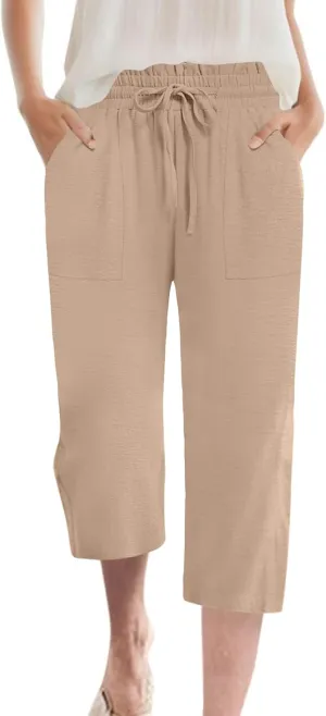 Womens Capri Pants Summer Wide Leg High Waisted Pants Drawstring Casual Trousers with Pockets