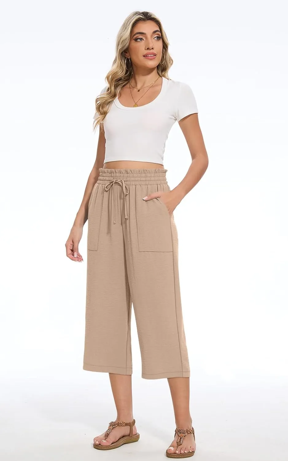 Womens Capri Pants Summer Wide Leg High Waisted Pants Drawstring Casual Trousers with Pockets