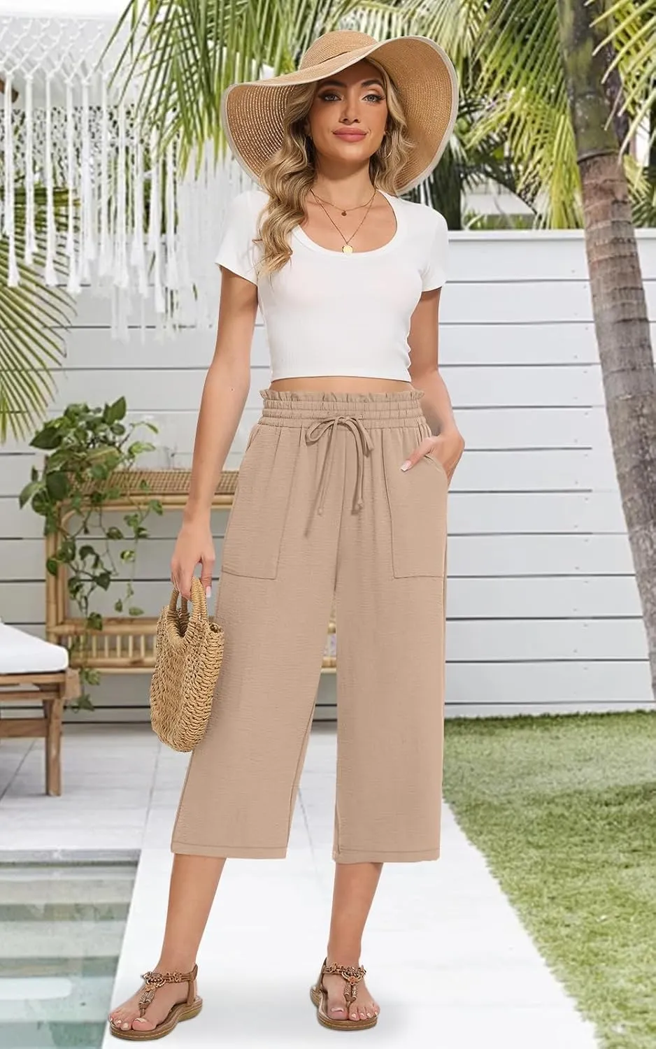 Womens Capri Pants Summer Wide Leg High Waisted Pants Drawstring Casual Trousers with Pockets