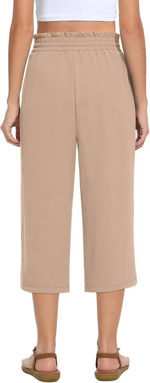 Womens Capri Pants Summer Wide Leg High Waisted Pants Drawstring Casual Trousers with Pockets
