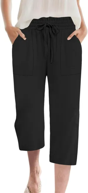 Womens Capri Pants Summer Wide Leg High Waisted Pants Drawstring Casual Trousers with Pockets