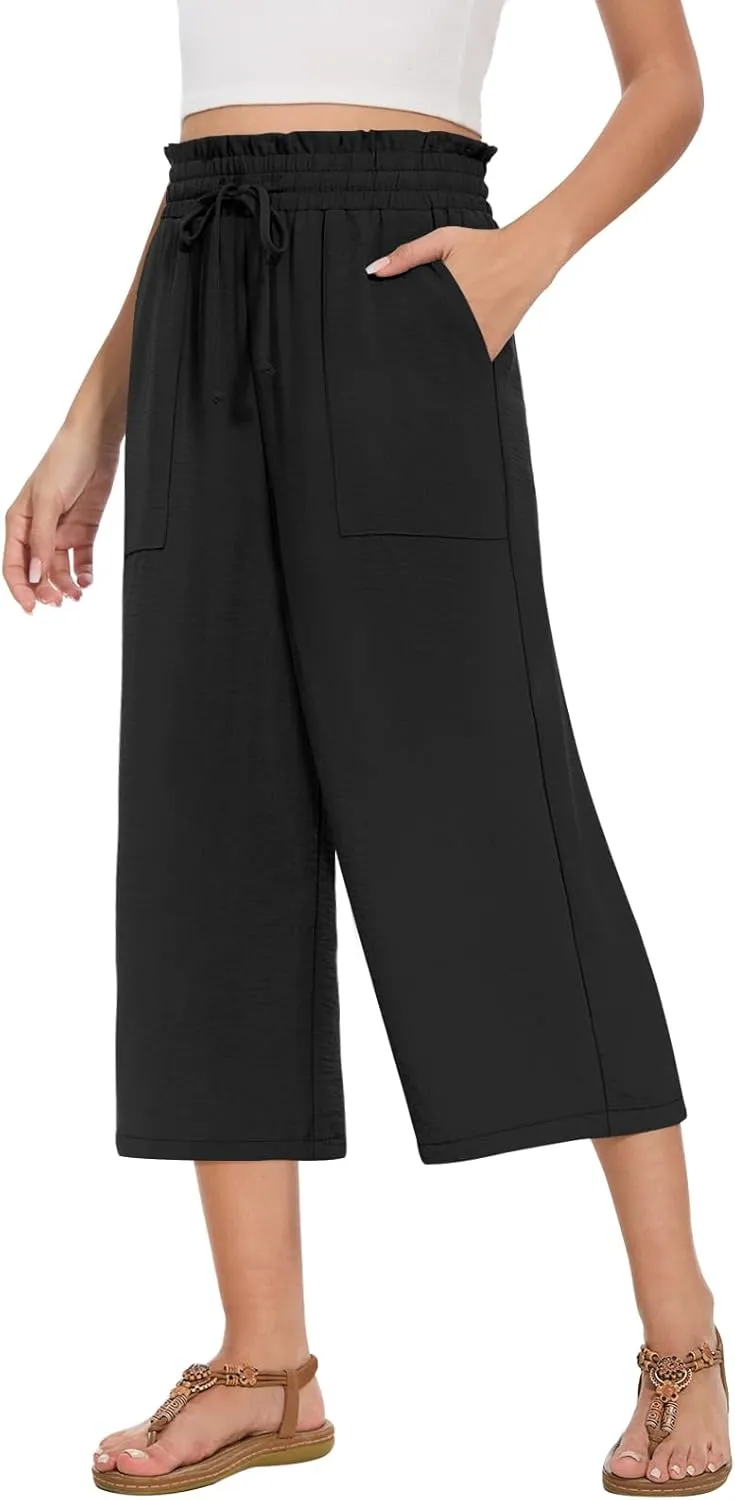 Womens Capri Pants Summer Wide Leg High Waisted Pants Drawstring Casual Trousers with Pockets