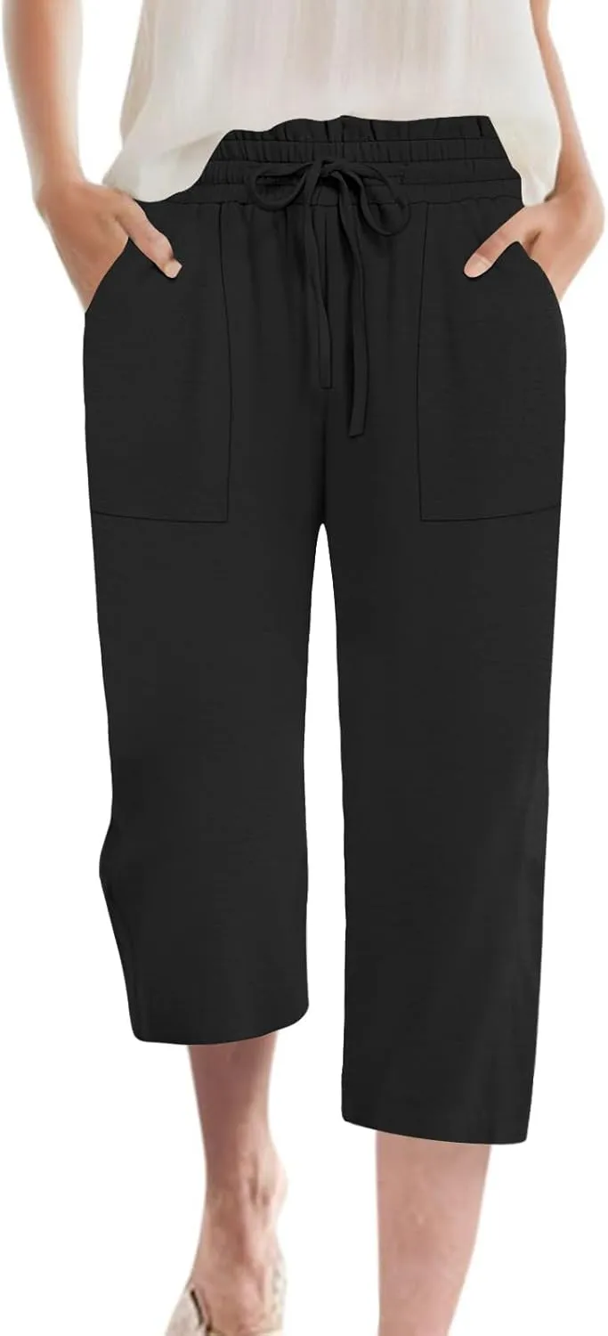 Womens Capri Pants Summer Wide Leg High Waisted Pants Drawstring Casual Trousers with Pockets