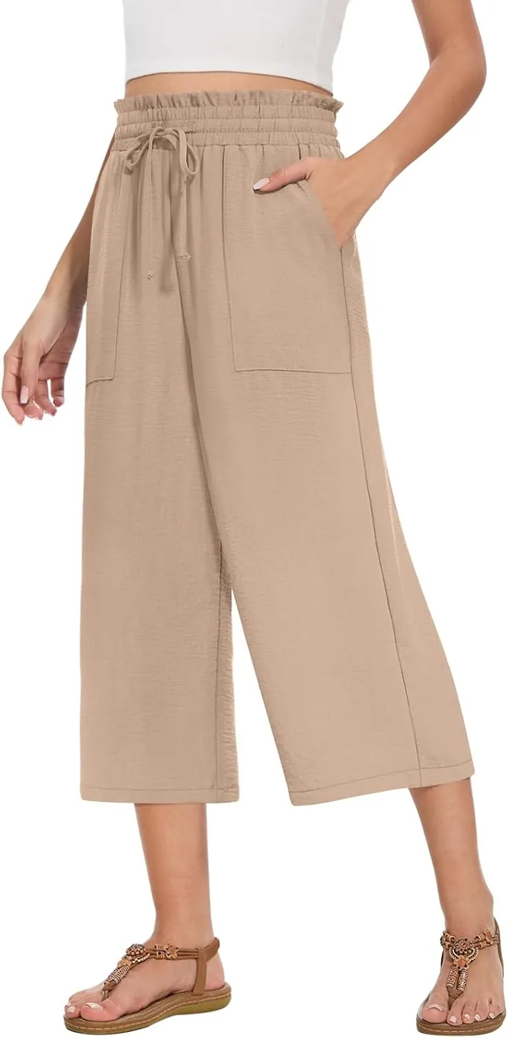 Womens Capri Pants Summer Wide Leg High Waisted Pants Drawstring Casual Trousers with Pockets