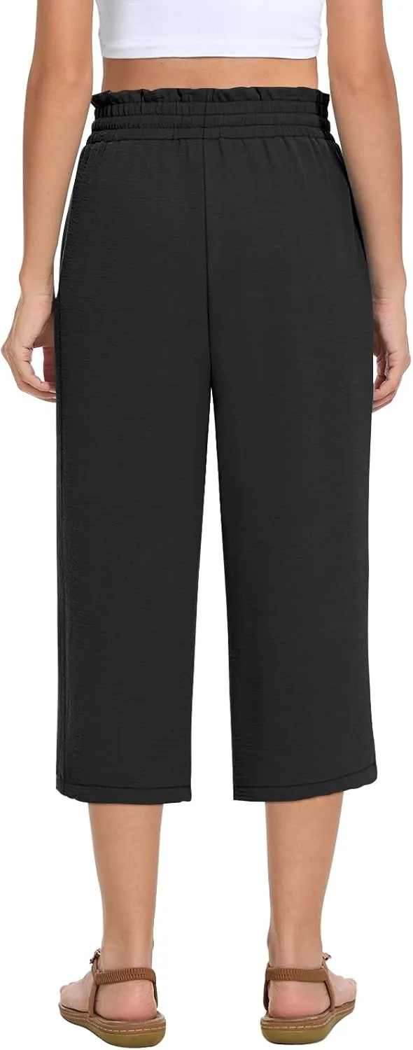 Womens Capri Pants Summer Wide Leg High Waisted Pants Drawstring Casual Trousers with Pockets