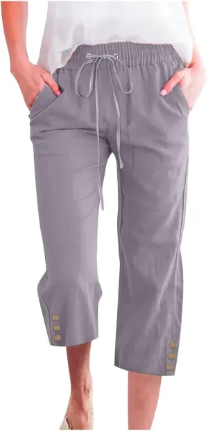 Womens Capris Pants High Waist Drawstring Comfy Cropped Linen Lightweight Loose Trousers Buttons Trim with Pockets