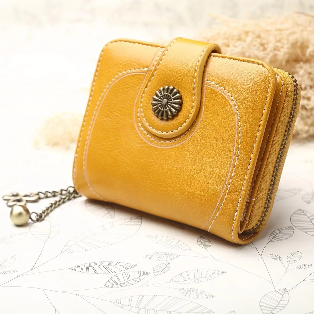 Women's Card Holder Wallet RFID Blocking Vintage Flower Luxury Wax Clutch Purse Yellow