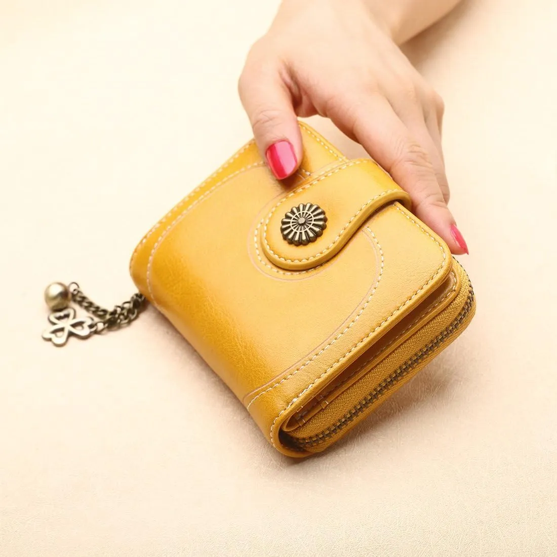 Women's Card Holder Wallet RFID Blocking Vintage Flower Luxury Wax Clutch Purse Yellow