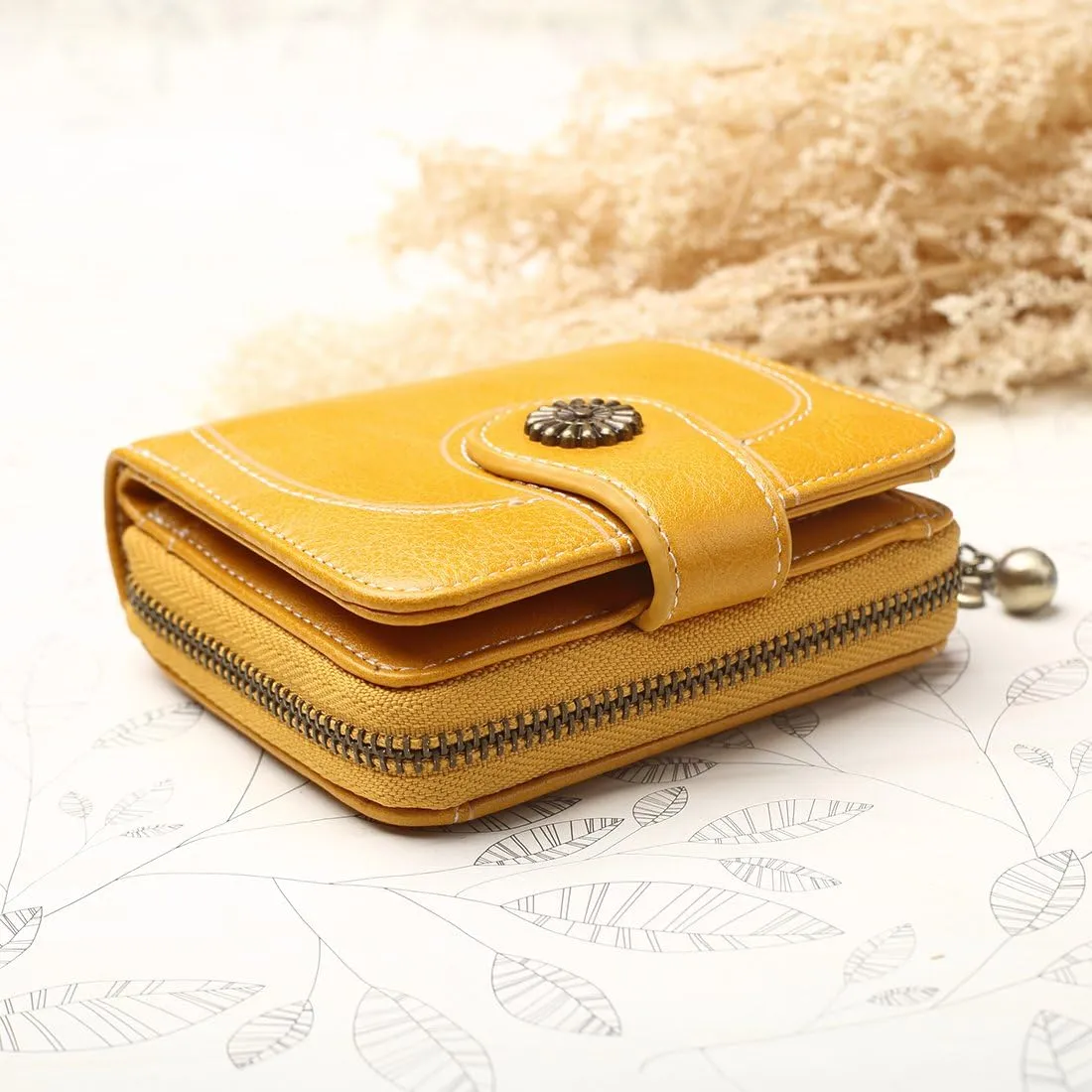 Women's Card Holder Wallet RFID Blocking Vintage Flower Luxury Wax Clutch Purse Yellow