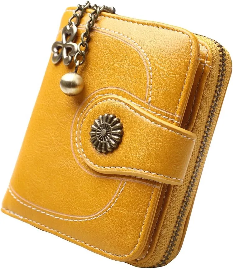 Women's Card Holder Wallet RFID Blocking Vintage Flower Luxury Wax Clutch Purse Yellow
