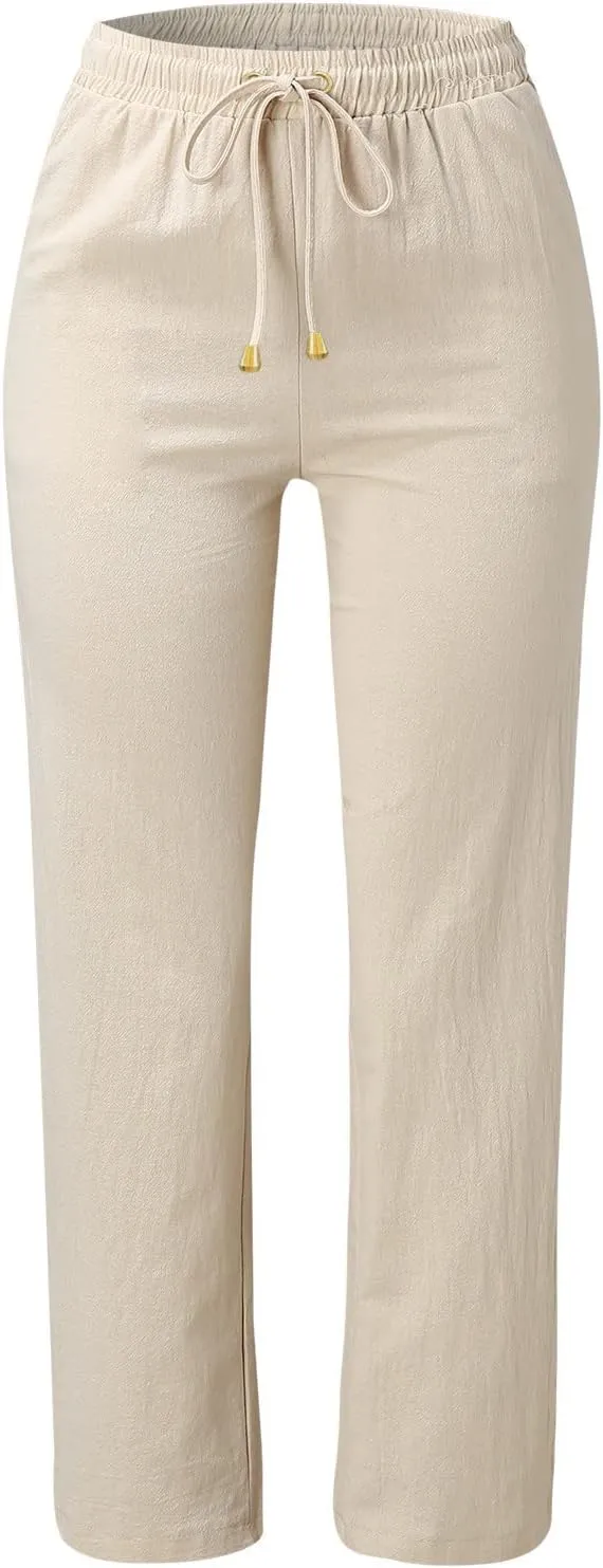 Womens Casual Cotton Linen Pants Lightweight Summer Elastic High Waist Palazzo Pant Plus Size Beach Flowy Long Trousers