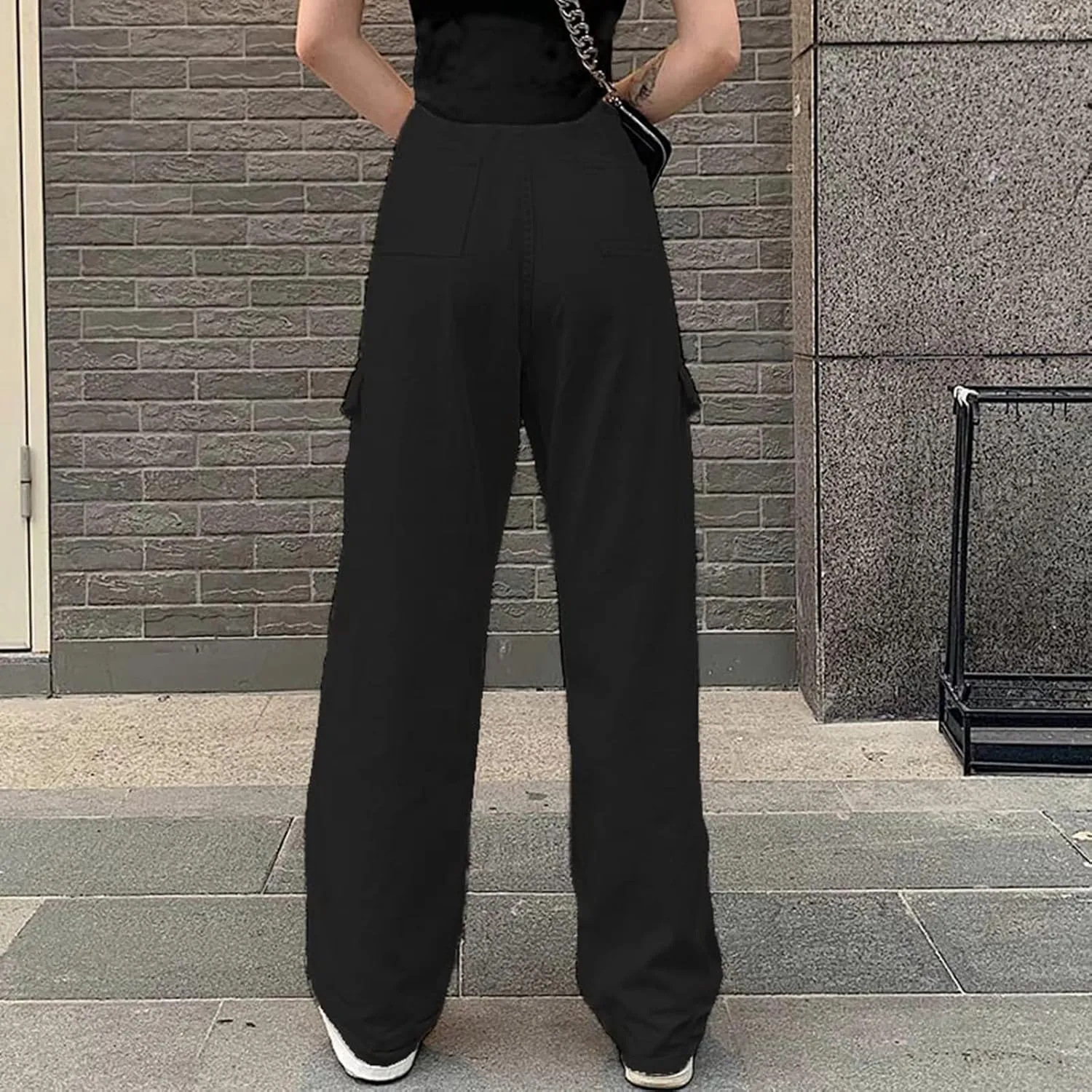 Womens Casual High Waisted Relaxe Fit Travel Wide Leg Parachute Pants with Pockets Trendy Trousers
