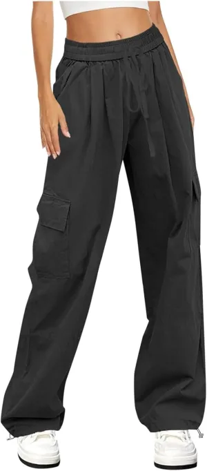 Womens Casual High Waisted Relaxe Fit Travel Wide Leg Parachute Pants with Pockets Trendy Trousers