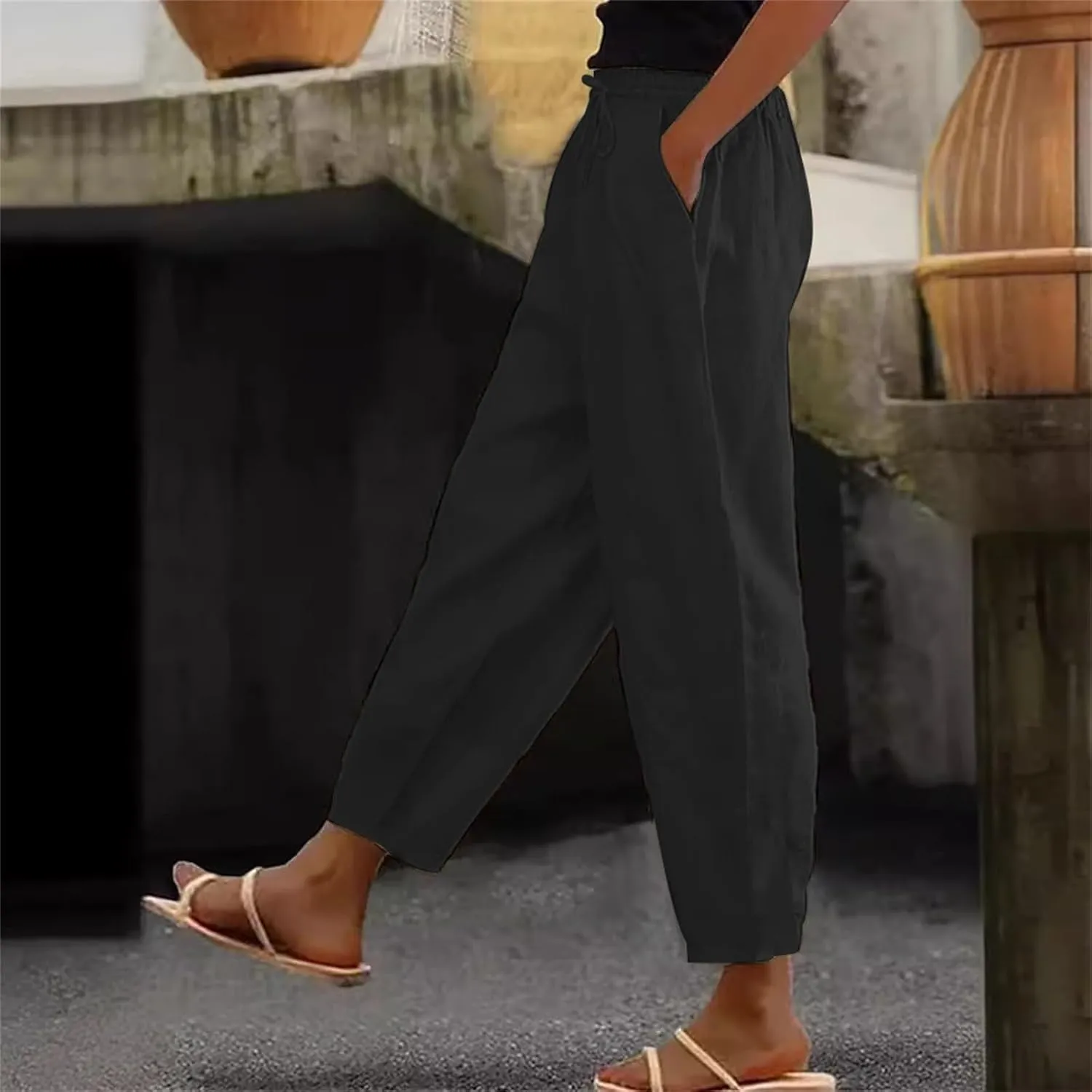 Women's Casual Linen Pants Classy Elastic Waist Trendy Striped Side Button Capri Straight Leg Baggy Pant with Pockets