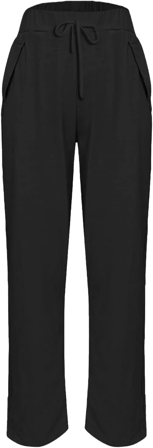 Women's Casual Linen Pants Classy Elastic Waist Trendy Striped Side Button Capri Straight Leg Baggy Pant with Pockets