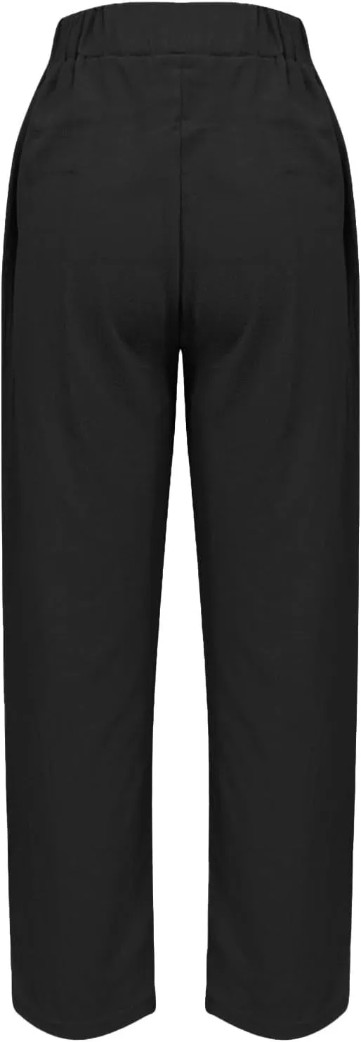 Women's Casual Linen Pants Classy Elastic Waist Trendy Striped Side Button Capri Straight Leg Baggy Pant with Pockets