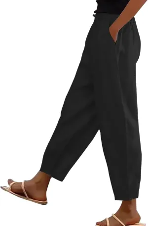 Women's Casual Linen Pants Classy Elastic Waist Trendy Striped Side Button Capri Straight Leg Baggy Pant with Pockets