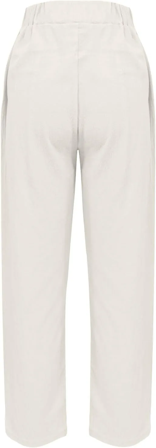 Women's Casual Straight Leg Solid Color Cropped Pants with Pockets Dressy Loose Fit Fashion