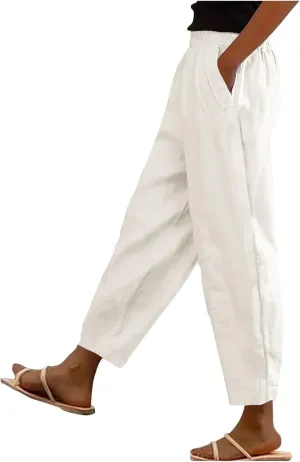 Women's Casual Straight Leg Solid Color Cropped Pants with Pockets Dressy Loose Fit Fashion