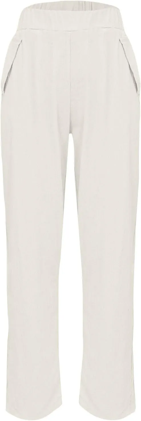 Women's Casual Straight Leg Solid Color Cropped Pants with Pockets Dressy Loose Fit Fashion