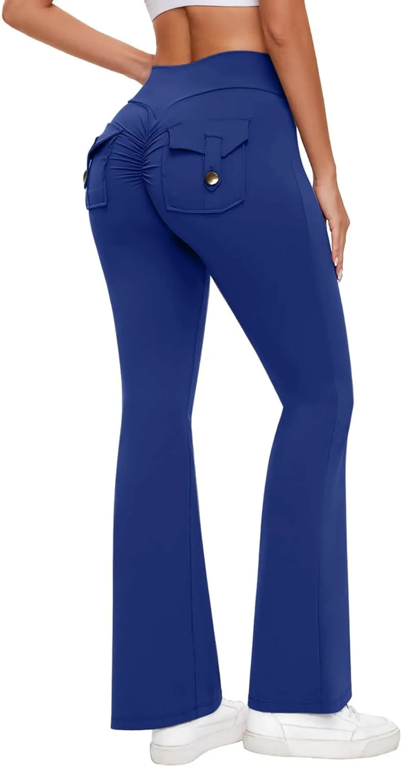 Womens Casual Yoga Pants Solid Elastic High Waist Lifting Leggings Outdoor Fitness Sports Tights with Flap Pockets